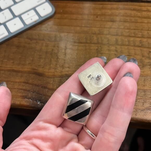 Vintage 80s Onyx and 925 Sterling Silver Chunky Square earrings MEXICO C3 - Picture 3 of 6